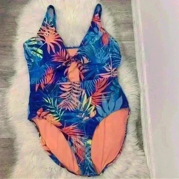 Peyton & Parker blue colorful palm frawn floral print one piece sz xxl 20/22 - Picture 4 of 9